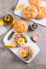 Toast with Canned Tuna. Fish open sandwich with egg and cheese. 