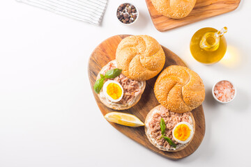 Toast with Canned Tuna. Fish open sandwich with egg and cheese. 