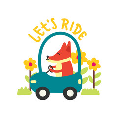 Cute fox driving a car, hand drawn illustration for for fabric, textile and print