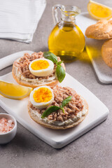 Toast with Canned Tuna. Fish open sandwich with egg and cheese. 
