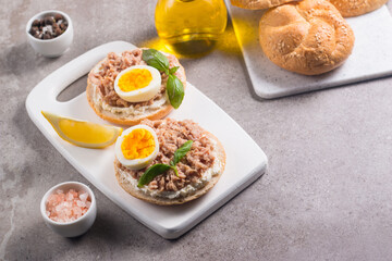 Toast with Canned Tuna. Fish open sandwich with egg and cheese. 