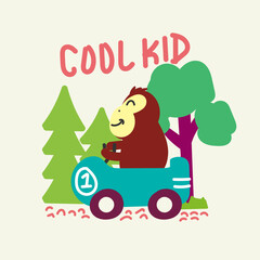 Cute monkey driving a car, hand drawn illustration for for fabric, textile and print
