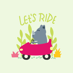 Cute rhino driving a car, hand drawn illustration for fabric, textile and print