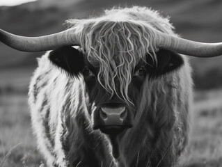 Long-haired longhorn bull, black and white wall art.