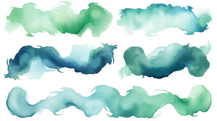 Set of emerald and sky blue swashes, watercolor paint abstract border frame for design layout, isolated on a transparent background. Generative AI - obrazy, fototapety, plakaty
