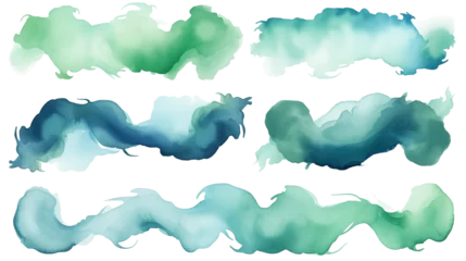 Poster Set of emerald and sky blue swashes, watercolor paint abstract border frame for design layout, isolated on a transparent background. Generative AI © MDNANNU