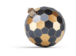 Obraz premium Gold and black futuristic Christmas ball turned to left. New Year tree toy decoration Isolated on transparent background. 3D render