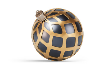 Gold and black unusual Christmas ball turned to left. New Year tree toy decoration Isolated on transparent background. 3D render