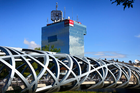 Geneva, Switzerland, Europe - Hans Wilsdorf bridge over Arve river, in background building of Headquarters of RTS - Radio T&eacute;l&eacute;vision Suisse, French language Swiss public broadcasting station