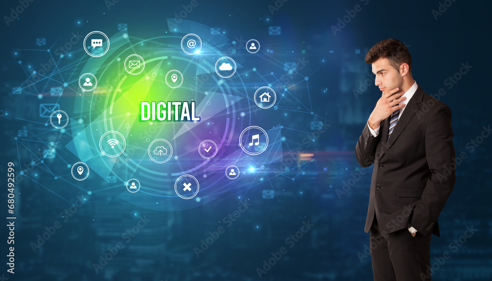 Wall mural Businessman thinking about modern technology