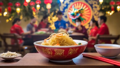 Tigela de Noodles Tradicional em Comemoração ao Ano Novo Chinês  - obrazy, fototapety, plakaty