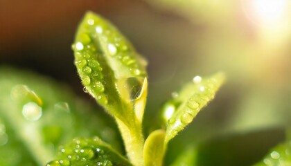 Young fresh plant with a rain droplet with a reflection in sunlight. Macro shot.