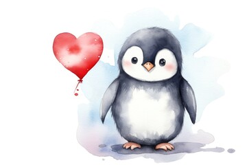 watercolor cartoon penguin with red heart on white background