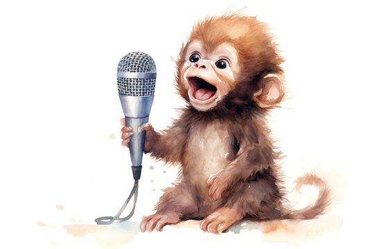 cartoon watercolor monkey with microphone on white background