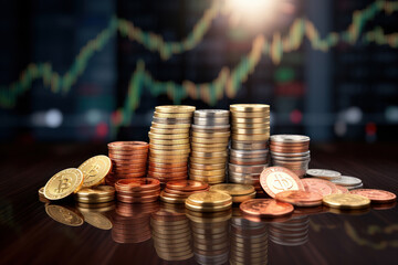 Stacks of golden coins, stock market on background. Trading, economy, investment, finance concept