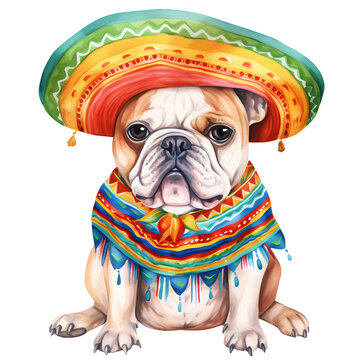 Cute Bulldog Dog Mexican Watercolor Clipart Illustration