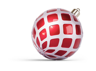 Red and silver unusual Christmas ball turned to right. New Year tree toy decoration Isolated on transparent background. 3D render