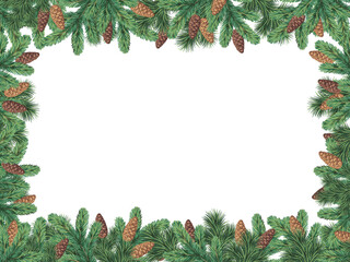 Christmas frame with fir branches and pine cones. Holiday vector decoration.