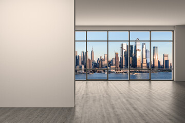 Midtown New York City Manhattan Skyline Buildings from High Rise Window. Mockup white wall. Real Estate. Empty room Interior Skyscrapers View Cityscape. Day time. Hudson Yards West Side. 3d rendering - obrazy, fototapety, plakaty