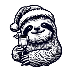 sloth wearing a Christmas hat and holding a glass of champagne sketch © Satoru Sketches