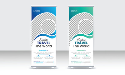 Travel roll up banner template for presentation, vector layout for tour or travel purposes.