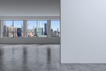 Midtown New York City Manhattan Skyline Buildings Window Background. Real estate Empty room...