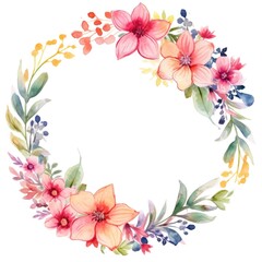 Circle frame of watercolor flowers and leaves on white background.