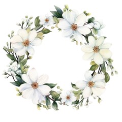 Circle frame of watercolor flowers and leaves on white background.