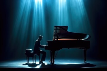 A male pianist in a tuxedo plays a piece of music on the piano on the performance stage. AI generated.