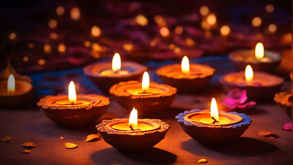 Clay diya lamps lit during diwali celebration. greetings card design indian hindu light festival called 