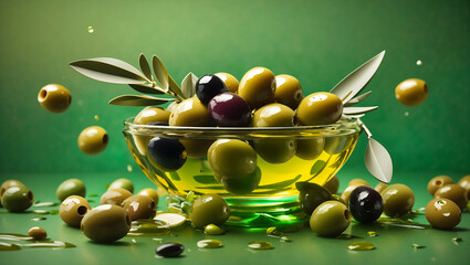 Olives and olive oil floating on a green background