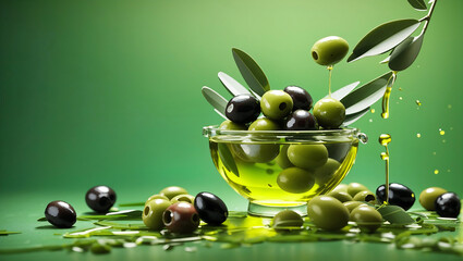 Olives and olive oil floating on a green background