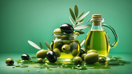Olives and olive oil floating on a green background