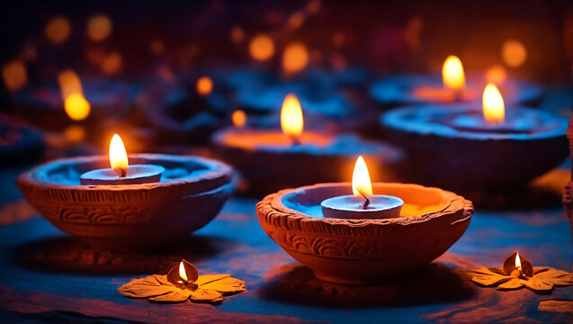 Clay diya lamps lit during diwali celebration. greetings card design indian hindu light festival called 