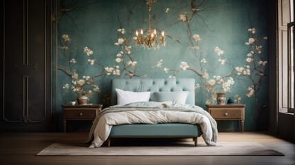 Modern home interior with Heritage Fabric wallpaper. Contemporary elegant bedroom with Heritage textiles