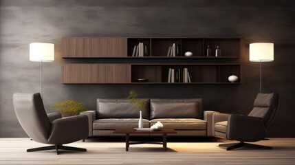 Modern home interior with Dark Wood Furniture. Contemporary elegant living room with Dark Wood Furniture