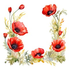 Obraz premium frame of watercolor poppy flowers and leaves on white background.