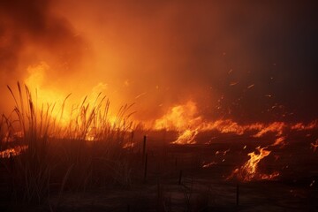 Dry grass is burning, fire in the field, forest, natural disaster, severe drought