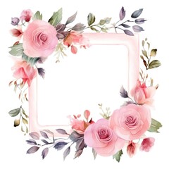 Fototapeta premium frame of watercolor rose flowers and leaves on white background.