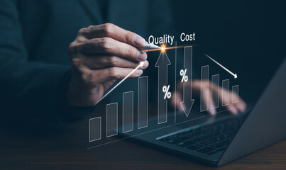 Quality increase and cost optimization for products or services to improve efficiency. Businessman use computer with quality control growth graph and cost reduction, Effective business, Efficient Risk - obrazy, fototapety, plakaty