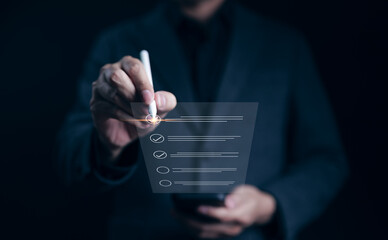 Online checklist concept. Businessman using smartphone doing online checklist survey. Filling out digital evaluate, list of questionnaire assessments, Online exam mark, Internet evaluation, Checkmark,