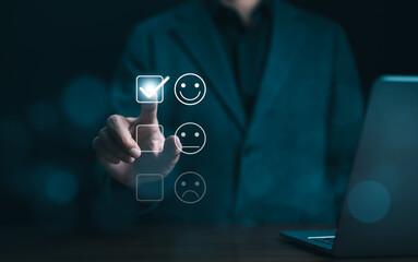 Customer satisfaction feedback survey concept. User give rating to service experience on online application. Client review, Smile face, Digital marketing research, Happy experience, Quality opinion,