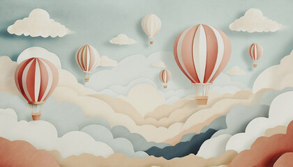 sfondo con colorate mongolfiere in carta che si librano supra un cielo denso di nubi dai colori pastello - obrazy, fototapety, plakaty