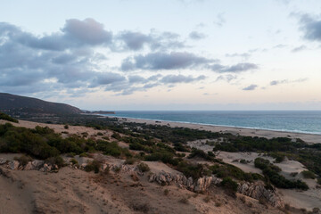 Top view of a sandy beach with a beautiful pattern of dunes, grass and shrubs formed from the water, in the bright sunset light of summer. Photograph with drone in the form of texture and background