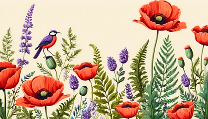 Seamless pattern with red poppies and wildflowers.