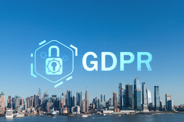 New York City skyline from New Jersey over the Hudson River towards the Hudson Yards at day. Manhattan, Midtown. GDPR hologram, concept of data protection, regulation and privacy for all individuals - obrazy, fototapety, plakaty