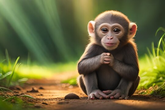 cute young monkey sitting in jungle, very cute baby monkey in jungle, smiling monkey baby, jungle masterpiece 