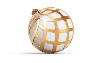 Gold and white unusual Christmas ball turned to left. New Year tree toy decoration Isolated on transparent background. 3D render