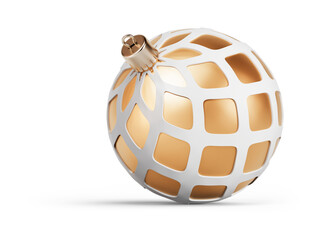 Gold and white unusual Christmas ball turned to left. New Year tree toy decoration Isolated on transparent background. 3D render