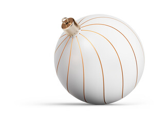 Gold and white stylish Christmas ball turned to left. New Year tree toy decoration Isolated on transparent background. 3D render